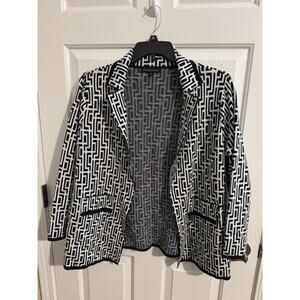 Adrienne Vittadini Stretch Knit Blazer Geometric White Black Plus 2X